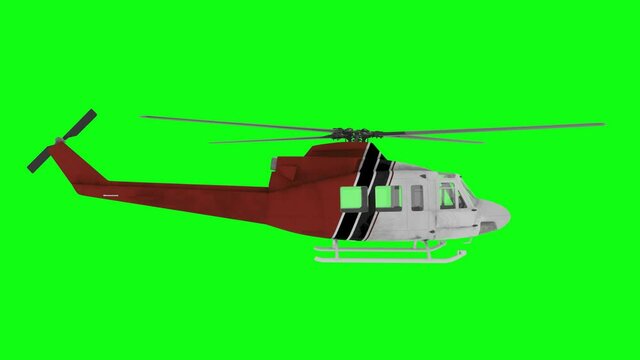 Realistic helicopter flying animation. Side view. Green screen