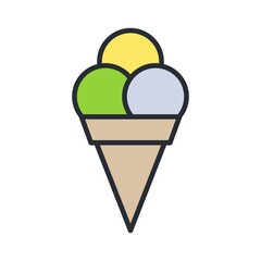 Ice cream cone with delicious balls flat icon. Summer taste, refreshing dessert icon.