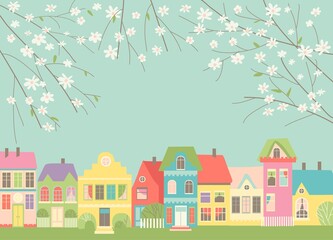 Cute cartoon little town with spring blossom branches