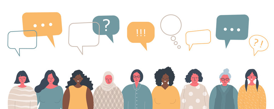 Women's community. International social concept. People icons with speech bubbles. There are women of different races, different ages in the picture. Vector