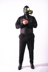 cosplay of a guy in a gas mask on a white background with glowing eyes