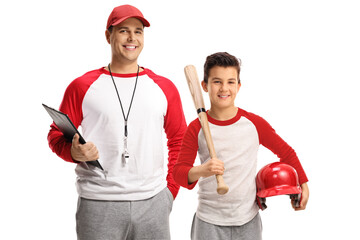 Baseball coach and a boy with a bat smiling at camera
