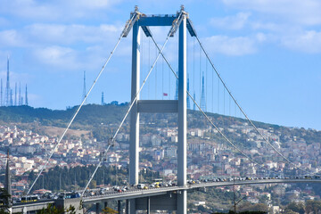 Obraz na płótnie Canvas 15th July Martyrs Bridge (in Turkish 15 Temmuz Sehitler Koprusu ) Bosphorus Bridge, Istanbul, Turkey with panoramic view of the city. Traffic in Istanbul