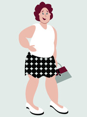 Vector illustration-the figure of a fat young pretty woman with a handbag in fashionable clothes casual close-up isolated. Concept-body positive