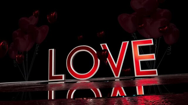 Love, inscription 3d animation, flying hearts, shot for a love scene, Valentine's day, expressing feelings
