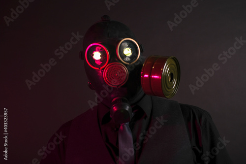 Cosplay Of A Guy In A Gas Mask With A Red Light On A Dark Background With Glowing  Eyes Wall Mural-madnessbrains