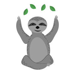 Sitting sloth practicing yoga, cute meditating animal with green leaves, gray sloth in flat style