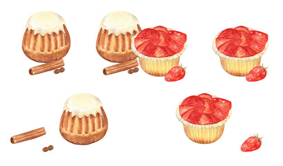 Watercolor food illustration of strawberry cupcake and muffin with sugar icing on white isolated background. Sweet and cute set of objects; perfect for cards, cute design projects, merchandise.