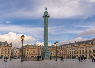 Paris, France - 12 30 2020: Place vendome. Vendome column at sunset