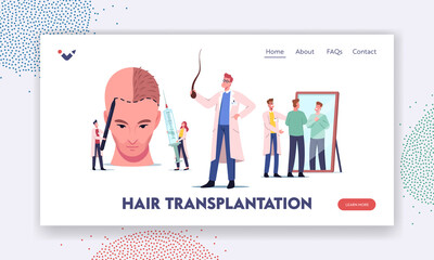 Plastic Surgery, Hair Loss Problem Landing Page Template. Tiny Doctor around Huge Male Head Making Hair Transplantation