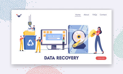 Data Recovery Service, Backup and Protection, Hardware Repair Landing Page Template. Tiny Characters in Worker Uniform