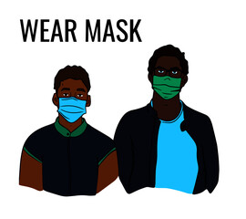 African and Afroamerican guys, friends wearing medical masks to prevent disease, flu, air pollution. Stop racism. Multinational society. Flat vector illustration.