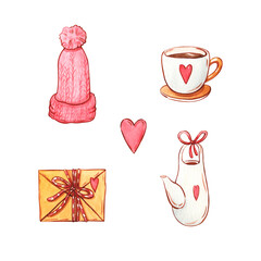 pink hat, coffee cup with heart, teapot and letter