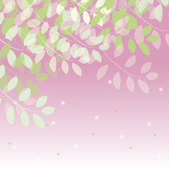 Spring tree branches vector background. Cute pink and green romantic backdrop with pastel gradient and transparencies.