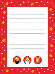 Carta para enviar el listado de regalos a los reyes magos de oriente en Navidad. Ilustración de vector.