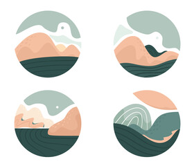 A set of various abstract landscapes. Mountains, hills, rivers, landscapes, backgrounds. Cutout style. Round icons, badges. Vector.