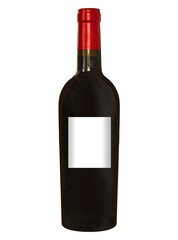 Bottle of red wine with an empty white label for copy writing. Red capsule on the bottle neck. Image isolated on white background.