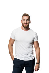Obraz premium Relaxed attractive blonde bearded man standing against a white background wearing a white t-shirt, smiling towards camera.