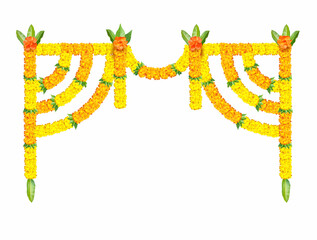 Indian traditional floral festive garland (toran) with zendu flowers (marigold) and mango leaves isolated on white. Luxurious decoration for doorway. Vector illustration.