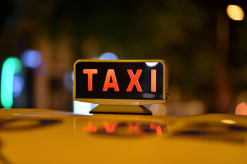 taxi sign close-up in night city