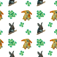 Watercolor draw home pets in seamless pattern. Brawn rabbit and ginger hare with green clover leaves on white background. Cute animals on wallpaper. Design for covers, packaging, textile.