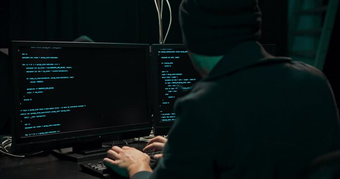 Shot from the Back to Hooded Hacker Breaking into Corporate Data Servers from His Underground Hideout. Wanted anonymous programmer coding virus ransomware using computers. Multiple Displays Background