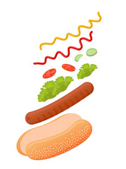 Delicious hot dog with flying ingredients like sesame seed bun, meat sausage, lettuce, tomato, cucumber, ketchup and mustard. Vector illustration of flat american fast food for advertising, menu, web
