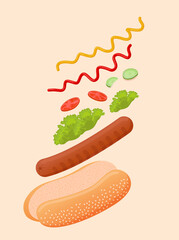 Delicious hot dog with flying ingredients like sesame seed bun, meat sausage, lettuce, tomato, cucumber, ketchup and mustard. Vector illustration of flat american fast food for advertising, menu, web