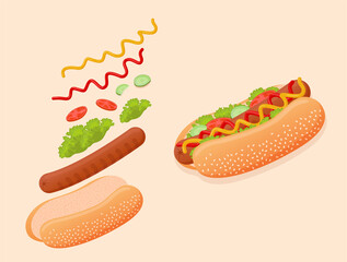 Delicious hot dog with flying ingredients like sesame seed bun, meat sausage, lettuce, tomato, cucumber, ketchup and mustard. Vector illustration of flat american fast food for advertising, menu, web