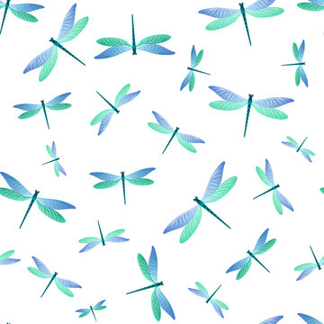 Dragonfly cool seamless pattern. Summer clothes fabric print with darning-needle insects. Flying