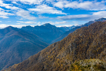 Aerial view of an autumnal scenery in Val Grande, Piedmont, Italy. The valley is very wild and is protected by a natural reserve.