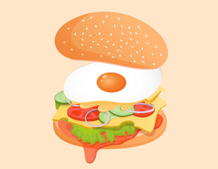 Vegetarian burger with ingredients such as egg, ketchup, lettuce, tomato, cucumber, onion, sauce and cheese. Vector flat illustration of fast food burger for poster, advertisement, menu, web