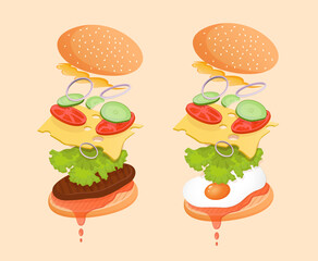 Cheeseburger with cutlet and burger with egg with flying ingredients like ketchup, lettuce, tomato, cucumber, onion, sauce, cheese. Vector food illustration for poster, advertisement, menu, web.