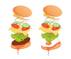 Cheeseburger with cutlet and burger with egg with flying ingredients like ketchup, lettuce, tomato, cucumber, onion, sauce, cheese. Vector food illustration for poster, advertisement, menu, web.
