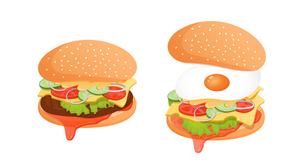 Vector illustration of cheeseburger and burger with egg for poster, advertising, menu, web. Burger with ketchup, lettuce, tomato, cucumber, onion, sauce, cheese and cutlet or egg of your choice