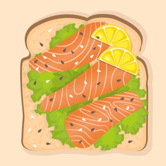 Sandwich with white toast bread, salmon slices, lemon slices, sesame seeds and lettuce. Vector illustration of a healthy breakfast for poster, advertisement, menu, web, restaurant. Healthy lifestyle.