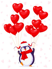 Greeting card for Valentine Day with a funny penguin in a hat with ear flaps. Cartoon penguin with balloons-hearts. White background with little hearts.