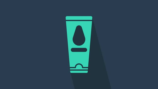 Turquoise Personal lubricant icon isolated on blue background. Lubricating gel. Cream for erotic sex games. Tube with package box. 4K Video motion graphic animation.