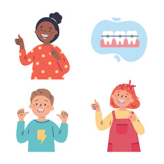 Trendy kids with teeth braces.Dental care.Teenagersr smiling and showing their smile with dental braces.Vector cartoon illustration isolated on white background.Colorful flat style.Character design.