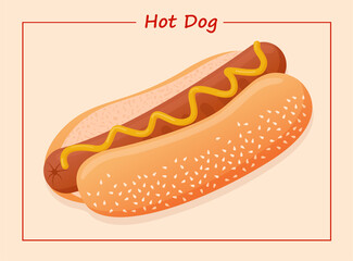 Vector flat illustration of American delicious hot dog for poster, advertisement, menu, restaurant. Hot dog with sausage, mustard and sesame seed bun.