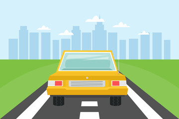Road with yellow car and city landscape background. Summer town skyline vector illustration.
