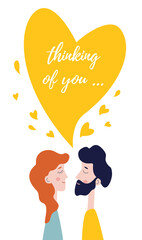 Illustration for Valentine's Day. Lovers look at each other. A couple in love thinks about each other.