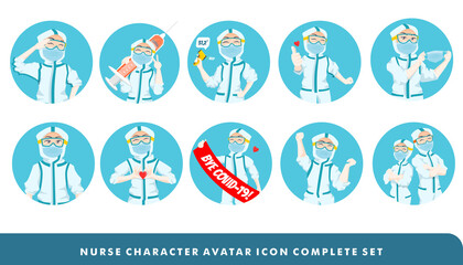 Complete icon set of Expressive Nurse Character Illustration wearing ppe hazmat suit avatar icon with different posture and gesture 