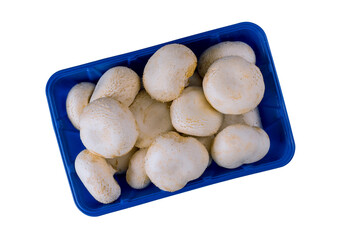 White whole mushrooms in tray isolated on white background.