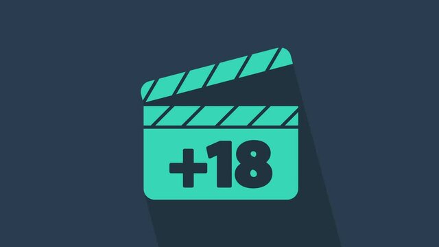 Turquoise Movie clapper with 18 plus content icon isolated on blue background. Age restriction symbol. Adult channel. 4K Video motion graphic animation.
