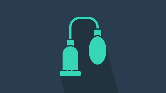 Turquoise Penis pump icon isolated on blue background. Penis enlarger. Sex toy for men. Vacuum pump with a blower to increase the penis. 4K Video motion graphic animation.