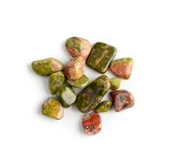 Unakite pebbles isolated, pink and green altered granite stones