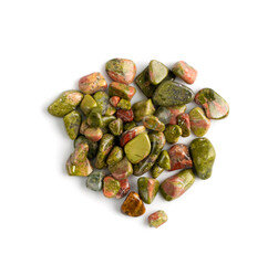 Unakite pebbles isolated, pink and green altered granite stones
