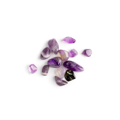 Naklejka premium Amethyst crystals isolated. Purple quartz pebbles and crystal