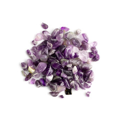 Obraz premium Amethyst crystals isolated. Purple quartz pebbles and crystal
